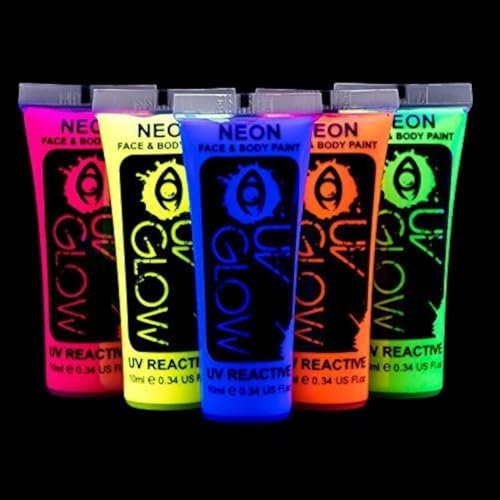 Pintura Corporal y Facial 10ml UV GLOW Neón Fluorescente incandescente (10ml x5)