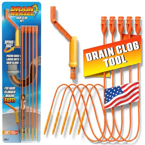 Flexisnake Drain Weasel Hair Clog Remover Kit – Plumbing Snake Auger for Cleaning Shower, Bath Tub, Bathroom Drains with Rotating Handle and 5 Disposable Wands, Made in USA
