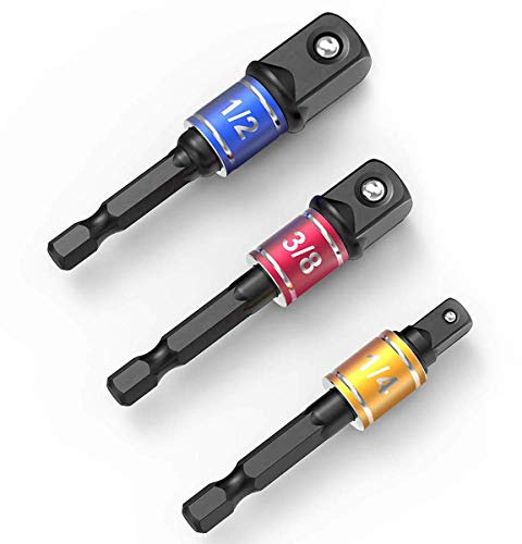 Adapter Sechskant auf 1/4, 1/2, 3/8 Vierkant, Schwarz, 3 Stück Sechskant Stecknussadapter Stecknuss Adapter Steckschlüssel Schraubenschlüssel Nuss Set Verbindung Kopfverlängerung für Akkuschrauber