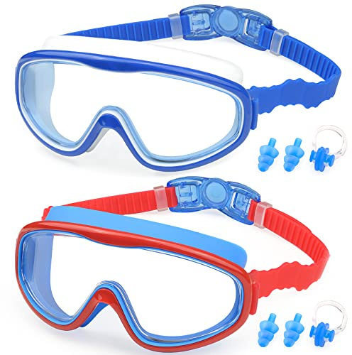 KAILIMENG 2 Pack Kids Swim Goggles, Clear Wide View No-Leak Anti-Fog UV Protection Swimming Glasses with Nose Clip Earplugs for Toddlers Youth Child 3-15 Years Old (Blue & Red Blue, 2 Pack)