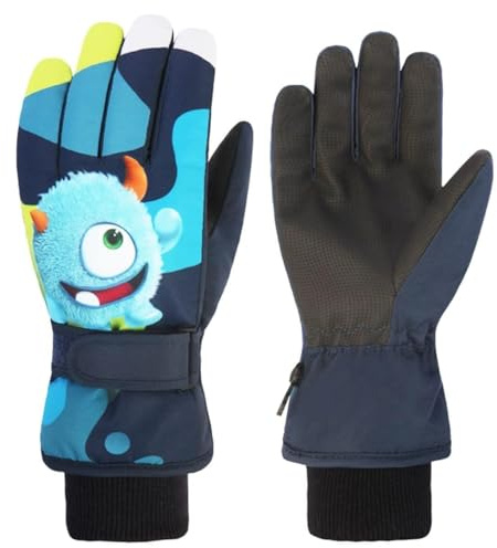 FAYHIJUN Gants de Ski Enfants moufle Chaud Hiver pour Garçon Fille Coupe-Vent Respirant PU Les Palmiers Neige Ski Snowboard Vélo Équitation Sport 2-13 Ans XS