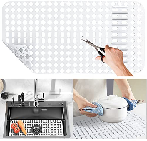 Moryimi Large White Silicone Sink Mat and Protector with Cutout Drain Holes for Kitchen Farmhouse Stainless Steel Ceramic Sinks 25x13