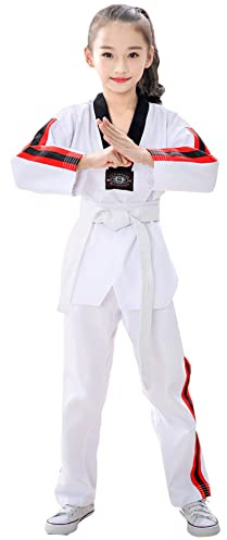 Amur Leopard Uniforme de Taekwondo Niñas con Cinturón Traje de Taekwondo Profesional para Karate Judo Entrenamiento, Cuello Negro, 110/4-5 Años