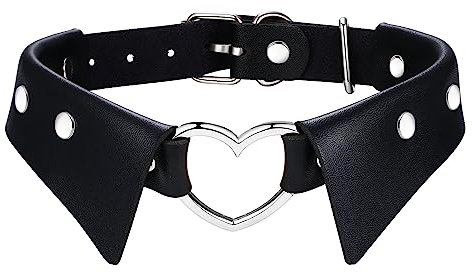 Flongo Damen Choker Leder schwarz mit Herz Nieten Gothic Halsband mit collar Kragen Tattoo Kette punk krawatte breit PU-Leder Halskette gotik Party Cosplay accessoires für Frauen Mädchen verstellbar