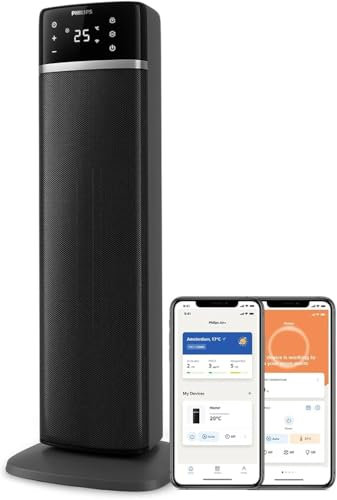 Philips 5000 Series Energy Efficient Connected Tower Fan Heater, 2000W, up to 50% energy savings, temperature display, 5 safety features, 4 modes, 60° oscillation, quiet, black & dark grey (CX5120/11)
