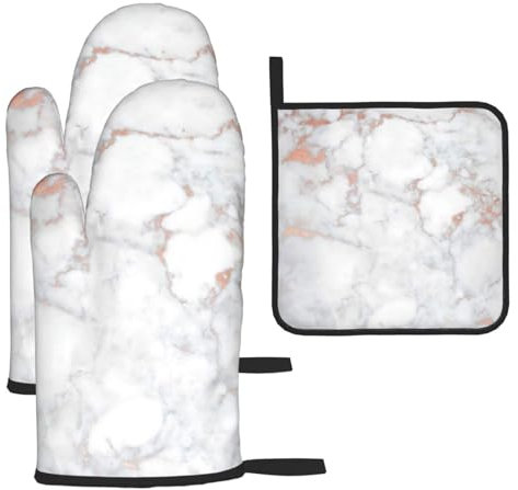 White Marble Rose Gold 3-Piece Set Of Household Baking Gloves And Pan Covers, Heat-Resistant, For Cooking, Baking And Grilling In The Kitchen
