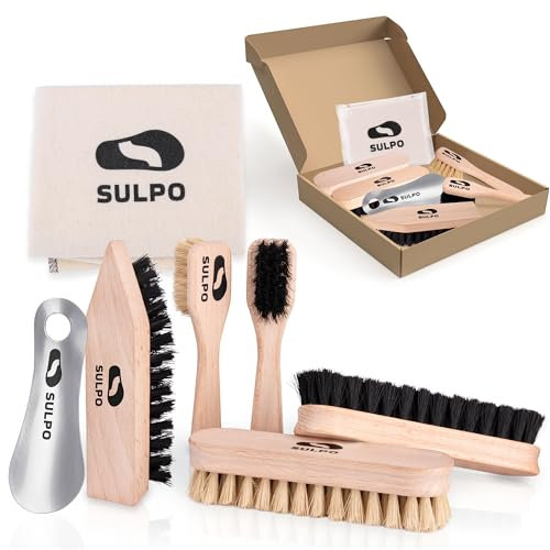 SULPO Lot de 7 brosses à chaussures - Cuir - Kit de cirage de chaussures - 2 brosses creuses à poils souples - 2 brosses de polissage à poils souples - 1 brosse à saleté à poils durs - 1 chiffon de