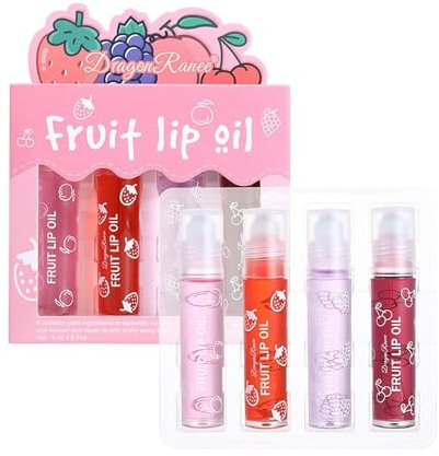 4Pcs Roll On Lip Oil Hydrating Lip Gloss Set, Lip Shine Fruit Lip Gloss, Transparent Plumping Lip Gloss Natural Shiny, Crystal Jelly Liquid Lipstick Long Lasting Lip Care for Women & Girl