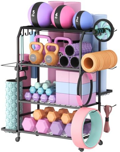 Lifewit Yoga Matte Hantelablage, Kurzhantelständer für Home Gym mit Rädern und Haken, Fitness-Equipments Hantelständer für Kettlebell, Yoga-Block, Schaumstoffrolle, Pilates Ausrüstung Lagerung, Groß