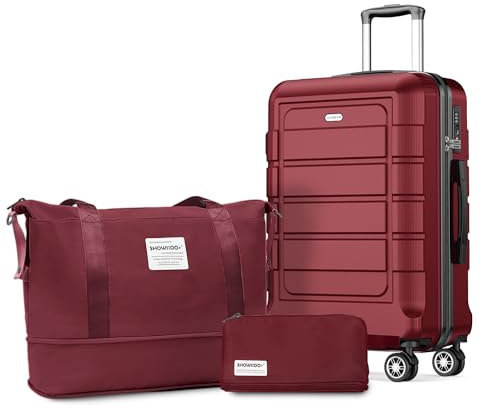 SHOWKOO Kofferset 5 Teilig Hartschale Leicht ABS+PC Erweiterbar Reisekoffer Haltbar Handgepäck Sets 4 Rollen TSA-Schloss mit 1 Reisetasche und 1 Kulturtasche - Rot