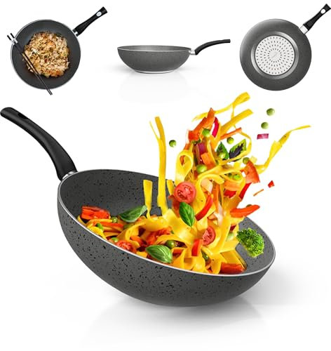 TEHORNEO Wok Induzione, Wok 28cm Alluminio Antiaderente, Wok Antiaderente, Pentole Induzione, Saltapasta, Padella Saltapasta, Adatto per Induzione, Vetroceramica, Gas e Lavastoviglie