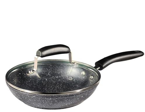 Quality Beddings 32 CM Non Stick Frying Pan with Lid Black Granite Marble Coated Pan for Gas, Electric Hob