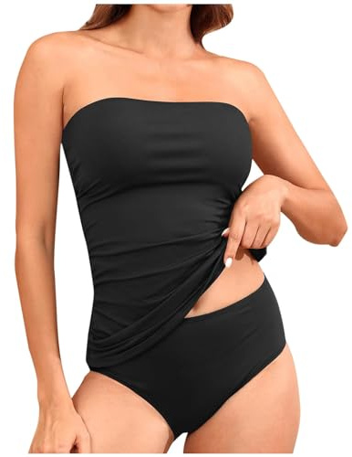 Tankini parte superior sin mangas para mujer, trajes de baño bandeau modestos trajes de baño para mujer, sin tirantes, correa de hombro extraíble, ropa de playa, traje de baño acolchado, 01 Negro, M