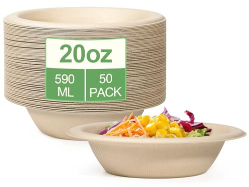 greensight 50 Stück Pappschalen Einweg Suppenschalen 590ML Zuckerrohr Einweggeschirr Suppenteller Einwegsuppenschale Braun Schälchen Bio Party Rund Einmal Suppenschalen