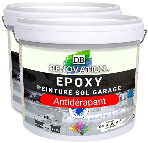 DB Rénovation Kit Antidérapant Peinture Résine Epoxy sol béton + Sable de quartz - Gris 10KG pour Garage - Trafic intense