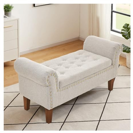 INMOZATA Linen Ottoman Storage Bench Upholstered Bedroom Bench Button-Tufted End of Bed Storage Bench Ottoman Bench for Living Room Bedroom Hallway(Beige)