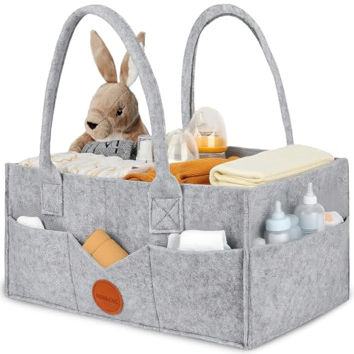 Baby Essentials for Newborn Nappy Caddy Organiser, Baby Shower Gifts with Long Handles Detachable Compartments, Essentials Nappy Bin Nursery Diaper Organizer, Portable Nursery Storage Basket (grey)