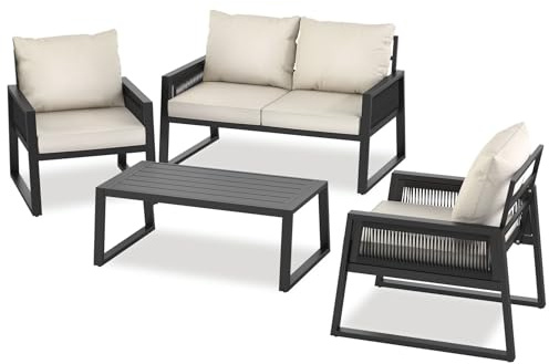 tectake® Set Salottino da Giardino, Telaio in Alluminio, Divano, 2 Comode Poltrone, Cuscini Spessi, Tavolo da Giardino, Regolabile, Set Salotto da Esterno – Stile 1, 4 Posti + Tavolo