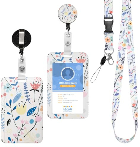 Cozary Porta Tarjetas Identificativas, Cordón Desmontable con Clip Retráctil, Funda Porta Tarjeta Colgante Protector Floral de Visita Puerta para Enfermeras, Médico, Maestros y Estudiantes