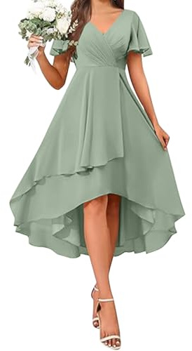 Evening Dresses for Women UK Chiffon Wedding Guest Prom Gowns Ruffle Irregular Flowy A Line Dresses Plain Short Sleeve V Neck Elegant Party Dress Swing Elegant Cocktail Occasion Dress
