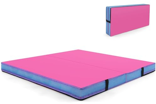 COSTWAY Tapis de Gymnastique Pliable Epais, Matelas d'Entrainement avec Revêtement en Similicuir et Poignées de Transport, Idéal pour Yoga Gymnastes Entraînements Étirements (Rose)