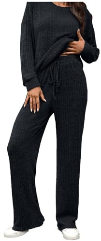 Traje de punto para mujer, 2 piezas, conjunto de ropa de salón, monocolor, suave, traje de ocio, suéter de punto + cordón con cordón, dos piezas, para exteriores, informal, elegante, cómodo