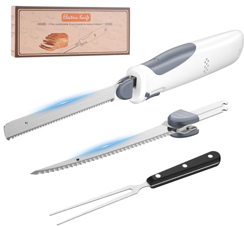 PAHTTO Coltello Elettrico Senza Fili con 2 Lame in Acciaio Inossidabile e Forchetta, 8V con Blocco di Sicurezza, per Carne, Pesce, Pane, Formaggio