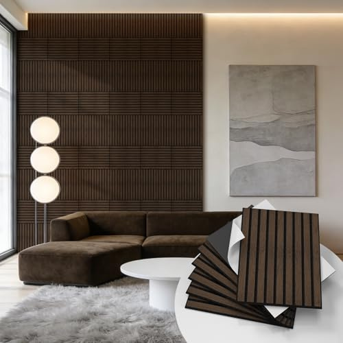 WADILE 16 Pack Self Adhesive Acoustic Wall Panels in Wood Look 30x40cm | Soundproofing PVC Slats on Felt, Decorative Wall Panels for Living Room & Bedroom Accent Wall