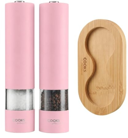 Cooks Professional Electric Salt and Pepper Mill Set with Bamboo Base | Battery Operated Automatic Grinders with Adjustable Grinding & One Touch Operation | Condiment Grinder & Stand | Pink