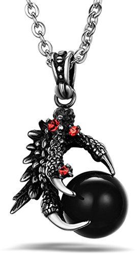 JewelryWe Gioielli Collana con Pendente da Uomo Donna Acciaio Inox Drago Artiglio Ciondolo con Nero/Rosso Ball, 22 Pollici Catena, Colore Nero Argento Rosso