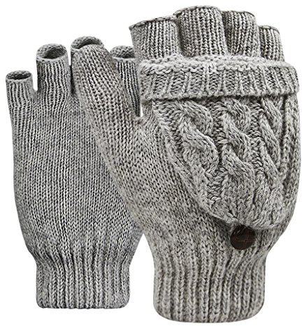 Winter Handschuhe Fingerlose Fäustlinge Damen Mädchen Doppelfunktione Winterhandschuhe Fingerhandschuhe Strickhandschuhe mit Flip Top, Grau, Einheitsgröße