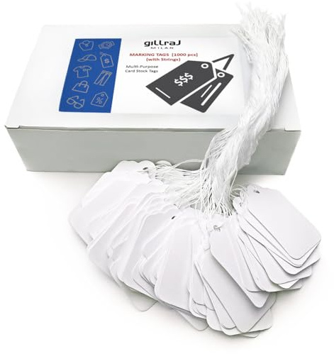 GILLRAJ 1000pcs Price Tags with Strings Attached Size 1.93x 1.25 (49mm x 32mm) White Blank Writable Price Name Labels for Gift Jewelry Clothing Small Paper Hang Tags