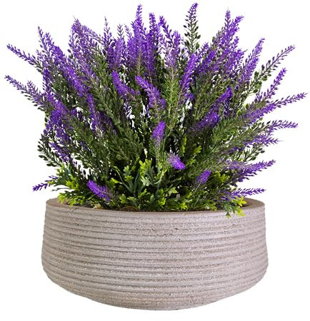 IDEALIST 17 Inch Large Garden Bowl Planter | Ribbed Taupe Reinforced Stone Succulent Plant Pot | Bonsai Pot with Drainage Holes D43 H18 cm, with Inner Top D39 cm, 22 litres