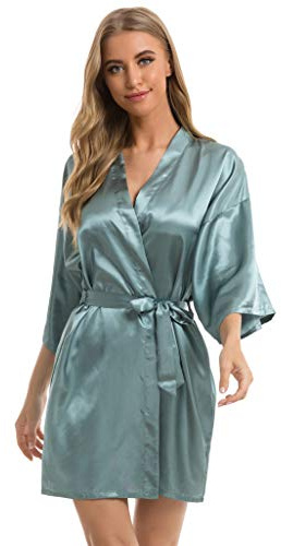 Vlazom Kimono, dammorgonrock, kort, satin, sexig, V-ringad, kort nattklänning, med bälte och ficka för brud/bröllop/fest