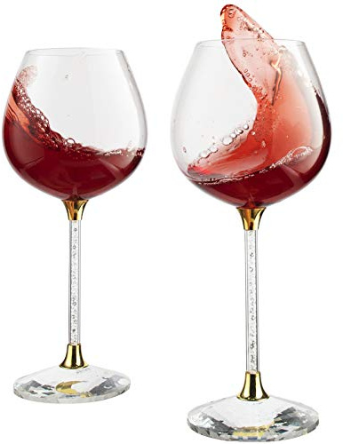 Gold Rhinestone Wine Glasses Set of 2 - Weddings Birthdays Parties - Diamond Studded Stemware with Crystal Fill - Long Stem 18oz 9 Inch Tall - Laser Cut Base Glass Gift