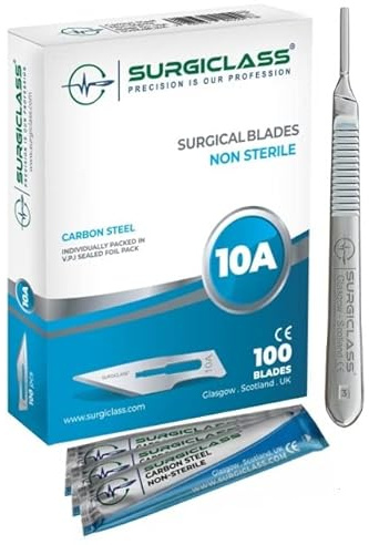 Lames de scalpel No 10A en acier au carbone non stérile, lot de 100 et poignée n° 3, parfaites pour l'art du bois Chirurgicale la sculpture l'anatomie de laboratoire SURGIBL10A-100