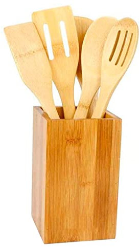 Set de 5 Utensilios de Cocina, Madera de bambú, 30 cm, con Soporte de 16 x 10 x 10 cm, cucharas y espátulas ranuradas y Lisas con Agujero para Colgar, Palas para cocinar