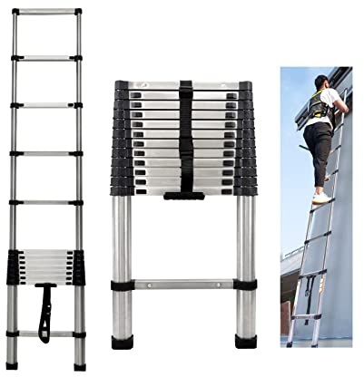 3.8 m Telescopic Ladder, Extendable Ladder, Stainless Steel Ladder for Motorhome, Attic, Office, Warehouse, Multi-Purpose Ladder, Easy to Carry, 150 kg Load Capacity