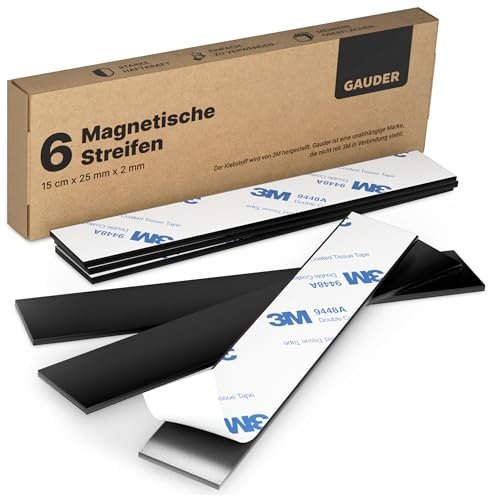 GAUDER Adhesive Magnetic Strips - Strong Magnetic Tape for Attaching Metal Items - Pre-Cut Self-Adhesive Magnet Strips (6 Pieces - 15 cm x 25 mm x 2 mm)