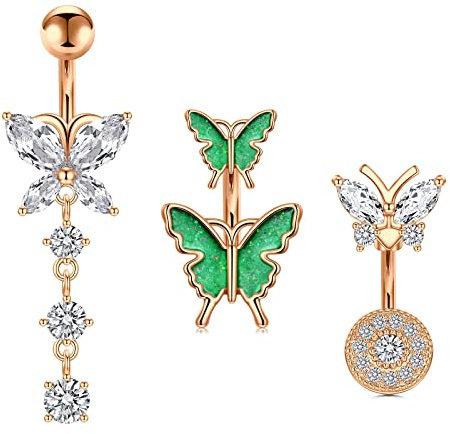 AVYRING Corto Piercing Ombligo Mariposa Pender 6MM 14G Acero inoxidable Mujer Piercing Vientre Anillo Belly Piercing Oro rosa