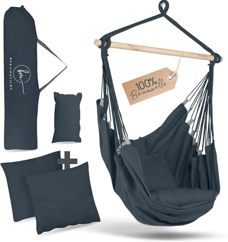 BELLAMATILDA Hängesessel 100% Baumwolle + 360° Montagezubehör, extra lang und 3 Kissen, Hängesessel Outdoor & Indoor, XXL-Hängesitz für Erwachsene & Kinder bis 150 kg, Garten, Wohnzimmer, Balkon(O.Gr)