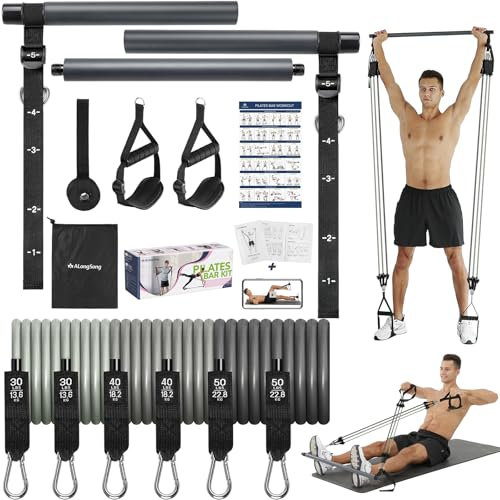 ALongSong Elastiques de Musculation Barre de Pilates avec 6 Bandes de Résistance Élastique 240LBS Ancrage de Porte Réglable Amovible pour Fitness Yoga Étirement Squat