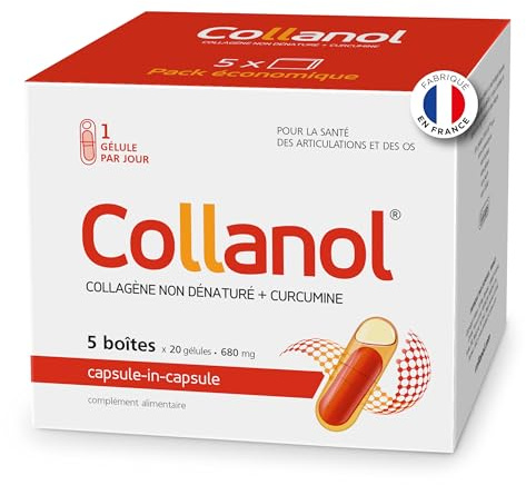 Collanol – innovation dans le soin des articulations saines. Formule liquide dans une double gélule, Collagène 3D + extrait micellaire de racines de curcuma. 1 capsule/jour.(100 Prises)