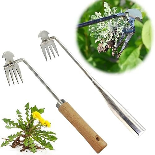 Michear Weed Pulling Tool Weed Puller Hand Long Wooden Handled Weeding Tool 4-Claws Uprooting Dandelion Weed Remover Tool Stainless Steel Patio Weed Remover tool for Pulling,Digging,Transplanting