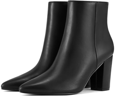Rollda SUEDI Women's Pointed Toe Ankle Boots Chunky High Heel Ankle Booties Side Zipper Short Boots Black PU Size 9.5