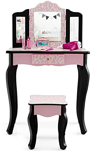 LIFEZEAL Sminkbord med spegel och barnpall, träsminkbord, 3-positioners hopfällbar spegel och avtagbar bricka, sminkbord för flickor 3–7 år (rosa leopard)