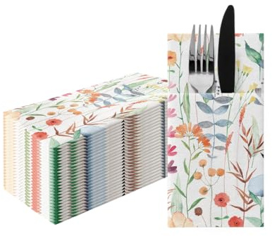 PAW - Airlaid Napkins with Built-in Flatware Pocket | 25 Pieces | Cloth-Like Flower Napkins |Deal for Wedding, Birthday Party, Baby Shower | Color: Watercolor Flowers