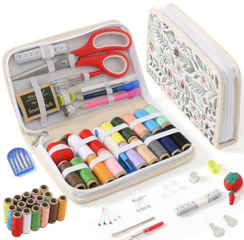 NOTIONSLAND Nähset Grundausstattung, Nähset Reise mit große Schere Faden Nähnadeln Fingerhut Maßband usw, komplettes Nähzeug für Anfänger, Reisende, Verwandte und Freunde (White Flower)