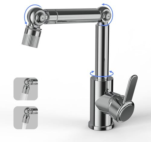 QHENS Wasserhahn Bad Drehbar, Waschtischarmatur Badezimmer Hoch Chrom, Mit 360° Schwenkarm & 2 Strahlarten, Edelstahl,Kalkabweisend ＆ Tropffrei, Für Waschbecken