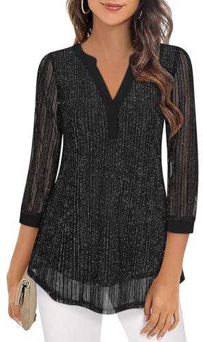 Flikity Black Blouses for Women UK,Ladies Tops 3/4 Sleeve Tops for Women UK Chiffon V Neck Blouse for Office Work Casual Professional Attire Funeral Black Stripes 3XL